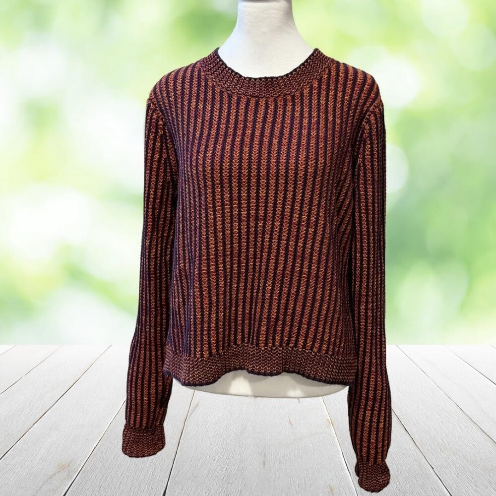 CABI Lava Stripe Sweater Ribbed Crewneck Cotton Pullover Orange Purple Size M